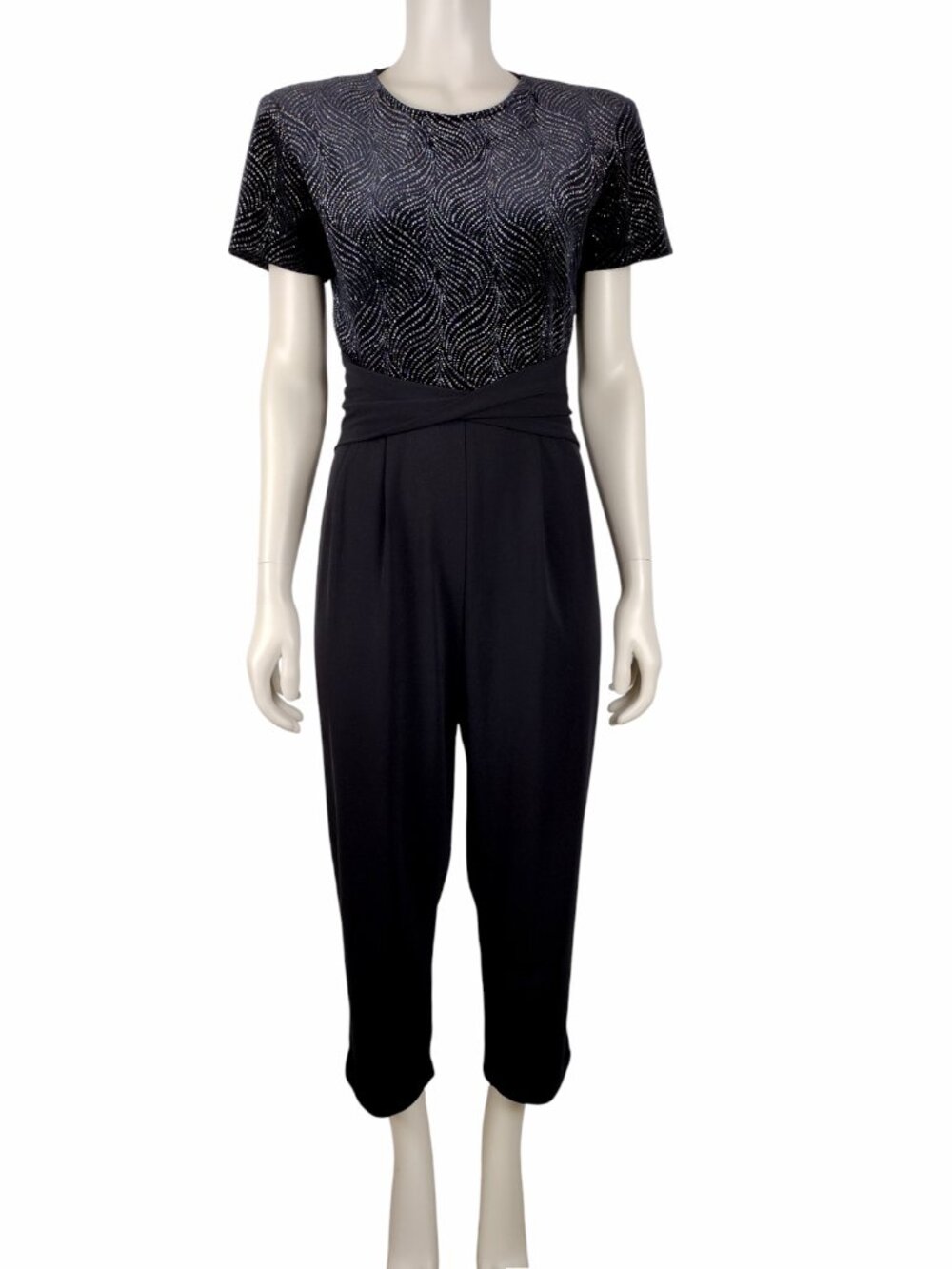 Vintage 1980s Black Velvet Silver Sparkle Short Sleeve Jumpsuit Size 8P